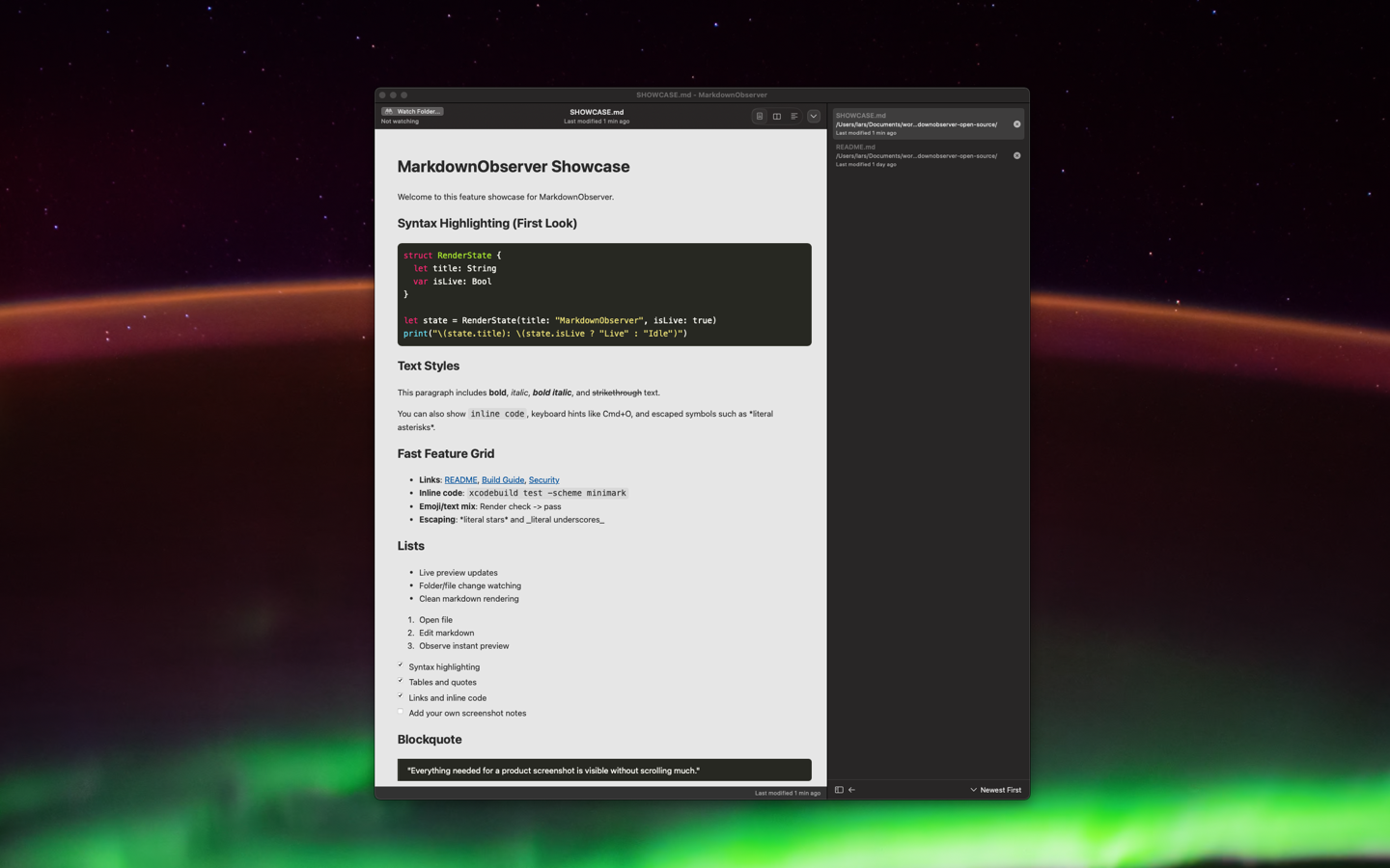 MarkdownObserver dark theme with syntax-highlighted code blocks on macOS
