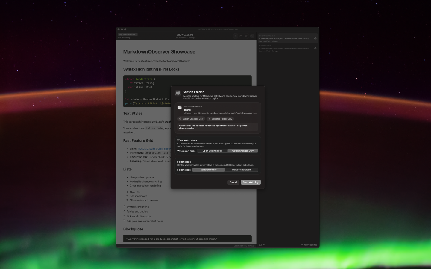 MarkdownObserver folder watch configuration dialog for monitoring Markdown files