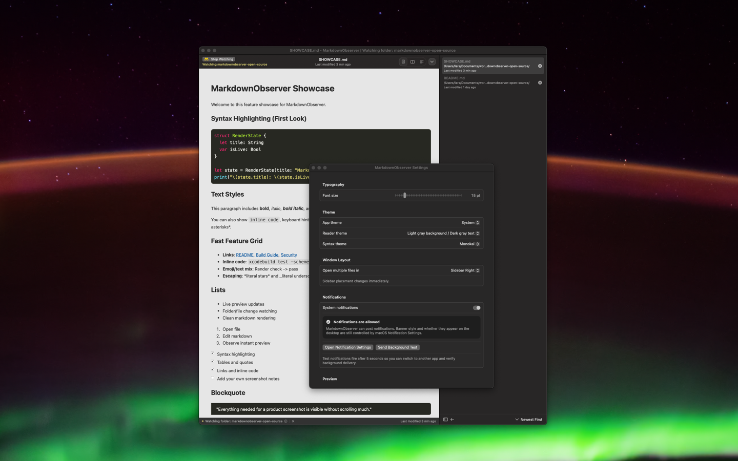 MarkdownObserver settings panel for themes, typography, and notification preferences