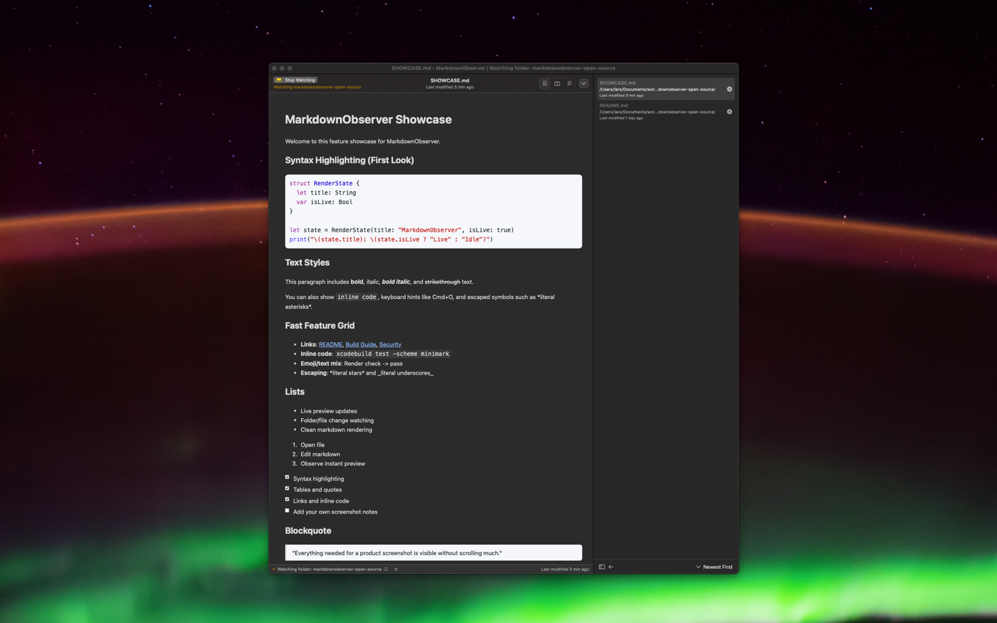 MarkdownObserver with alternative syntax highlighting color theme on macOS