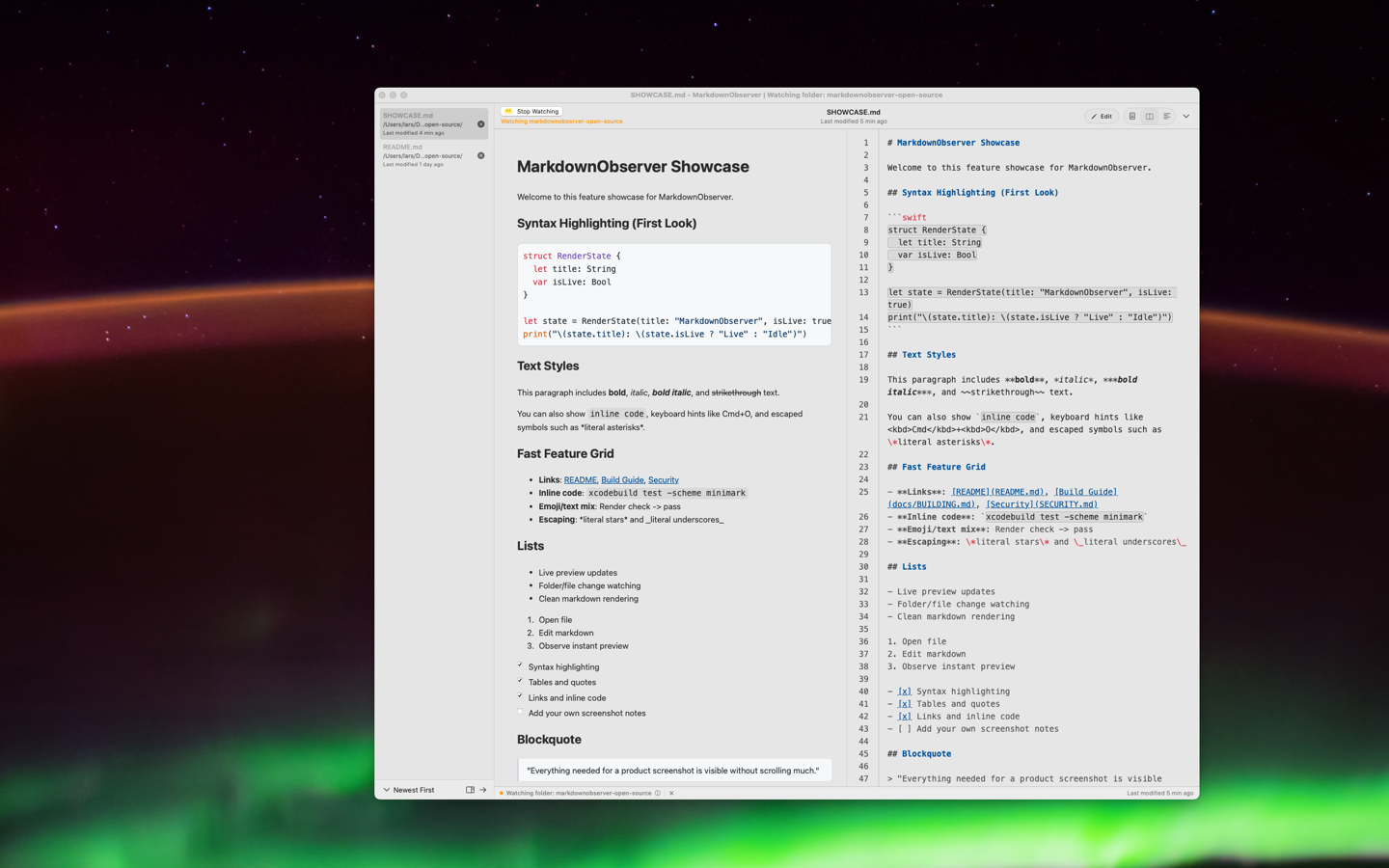 MarkdownObserver macOS app showing rendered Markdown preview alongside syntax-highlighted source view