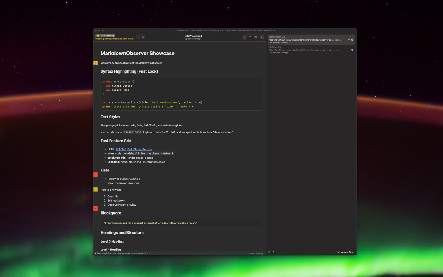 MarkdownObserver change tracking showing diff gutter markers for added and edited lines