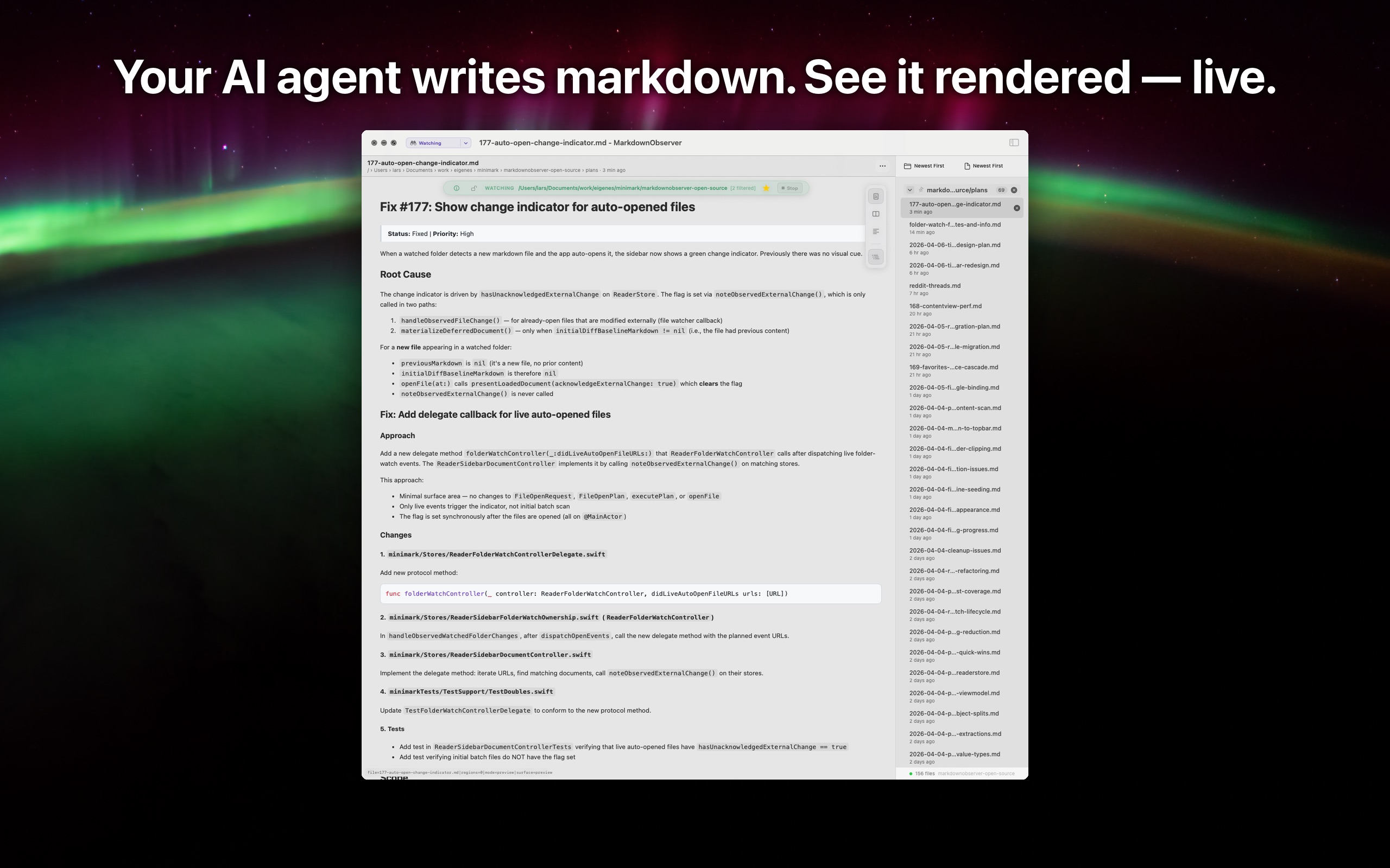 MarkdownObserver showing live markdown preview in a project workspace