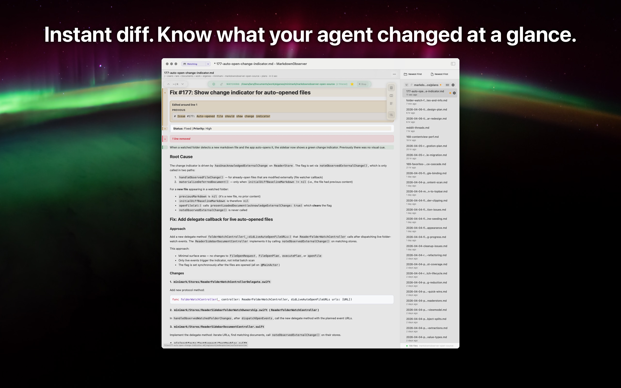 MarkdownObserver showing inline diff markers highlighting changed sections
