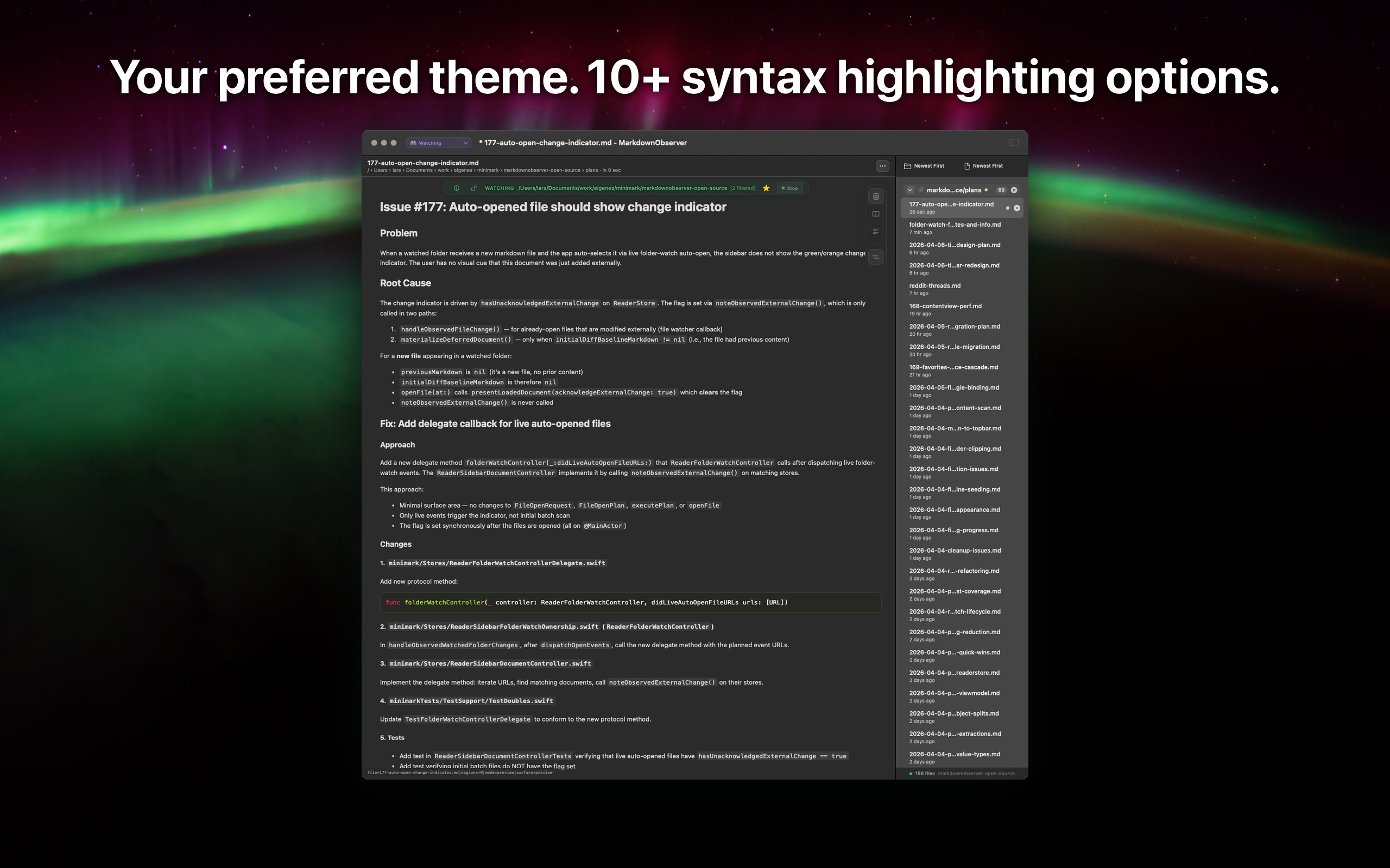 MarkdownObserver dark theme with syntax-highlighted code blocks