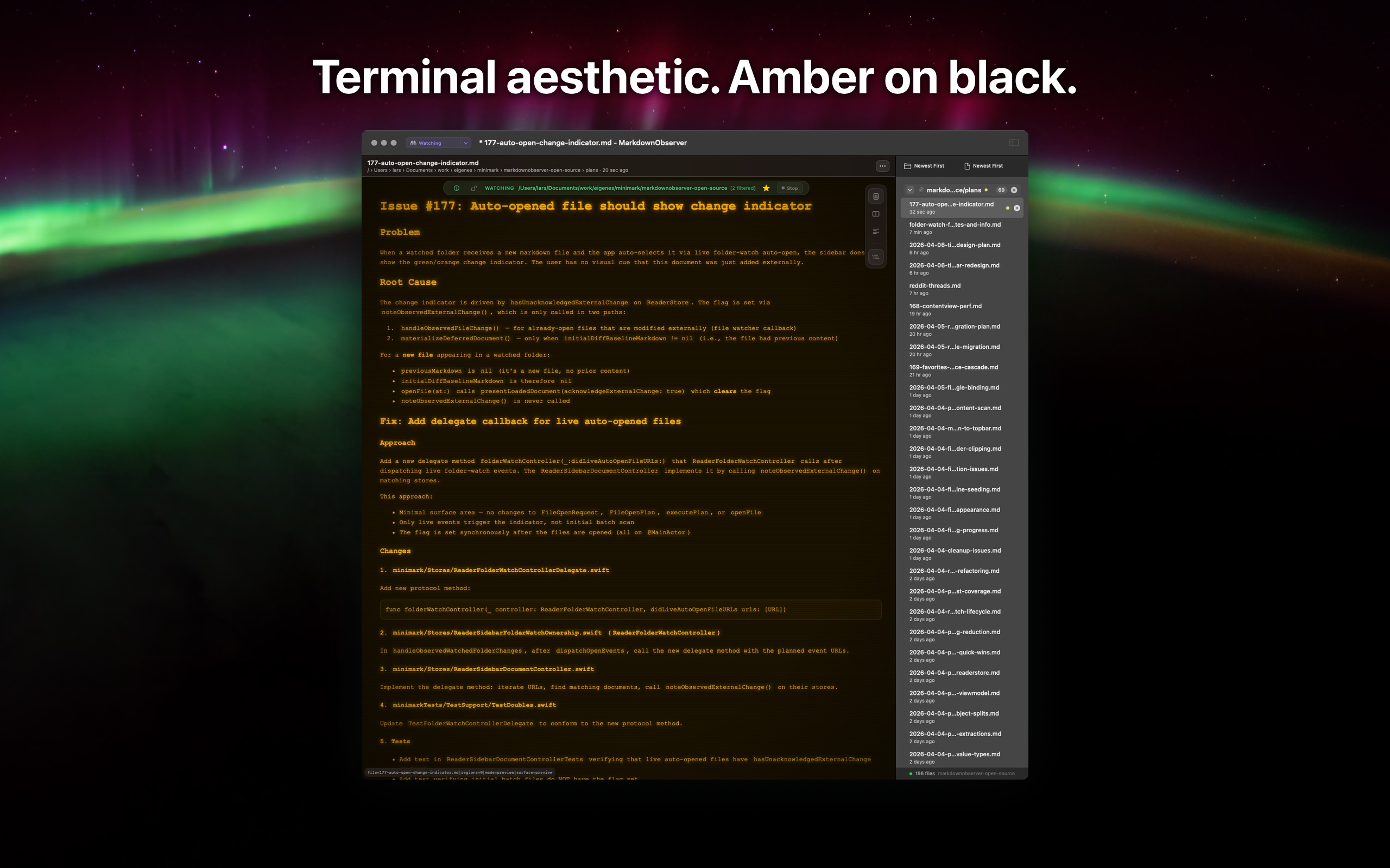 MarkdownObserver Amber Terminal theme with CRT effects