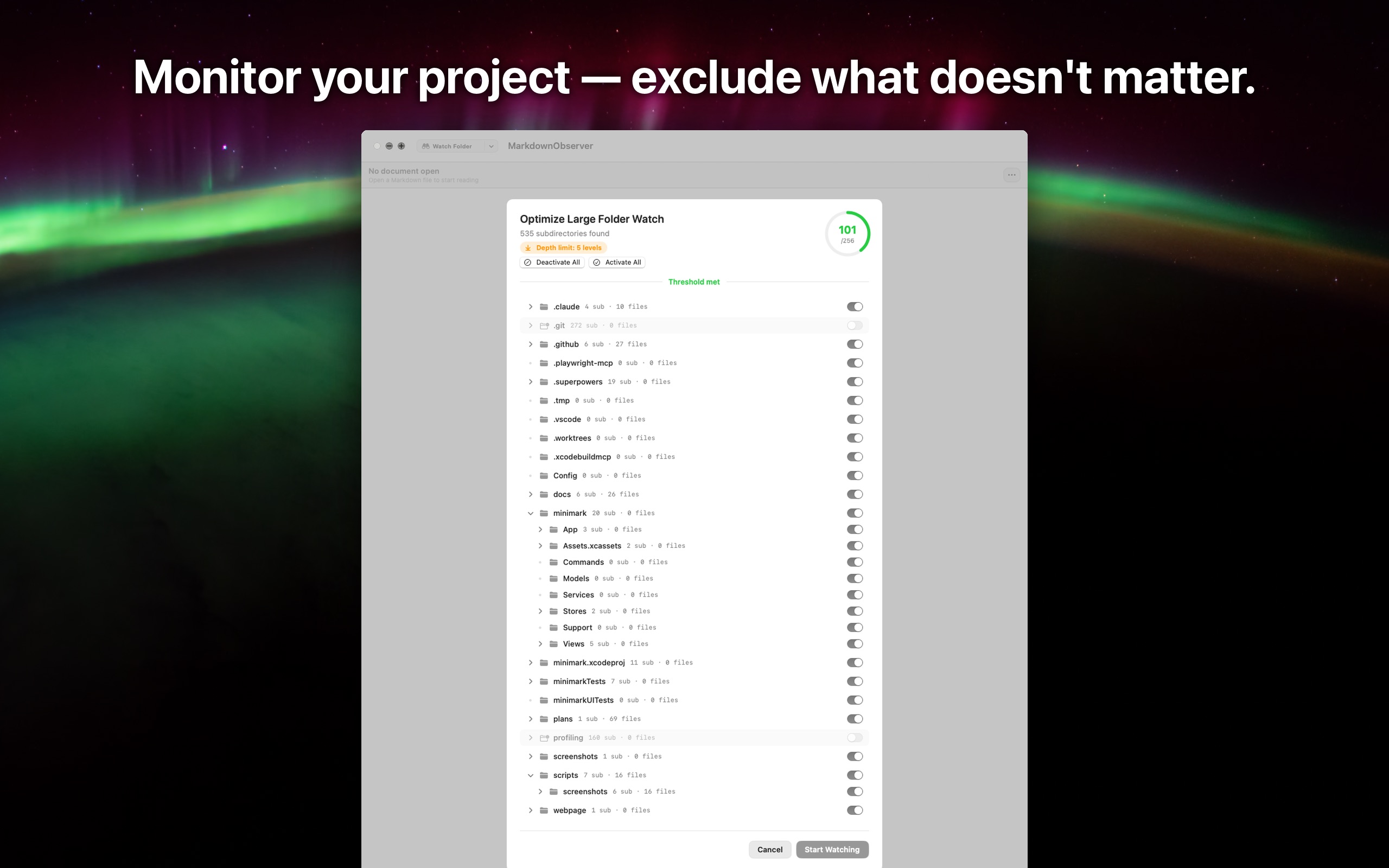 MarkdownObserver folder watch dialog with subfolder exclusion toggles