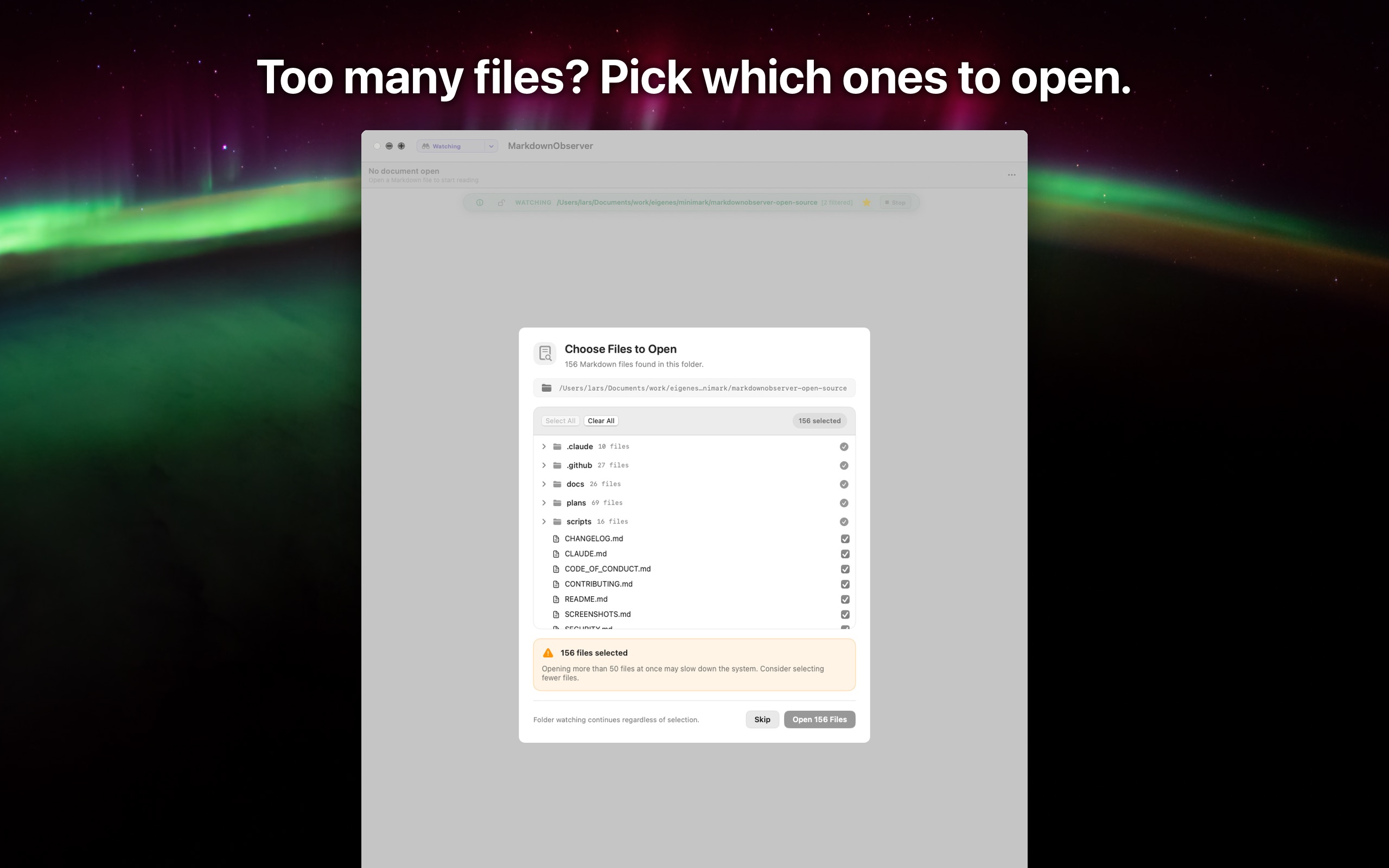 MarkdownObserver file selection sheet for choosing which files to open