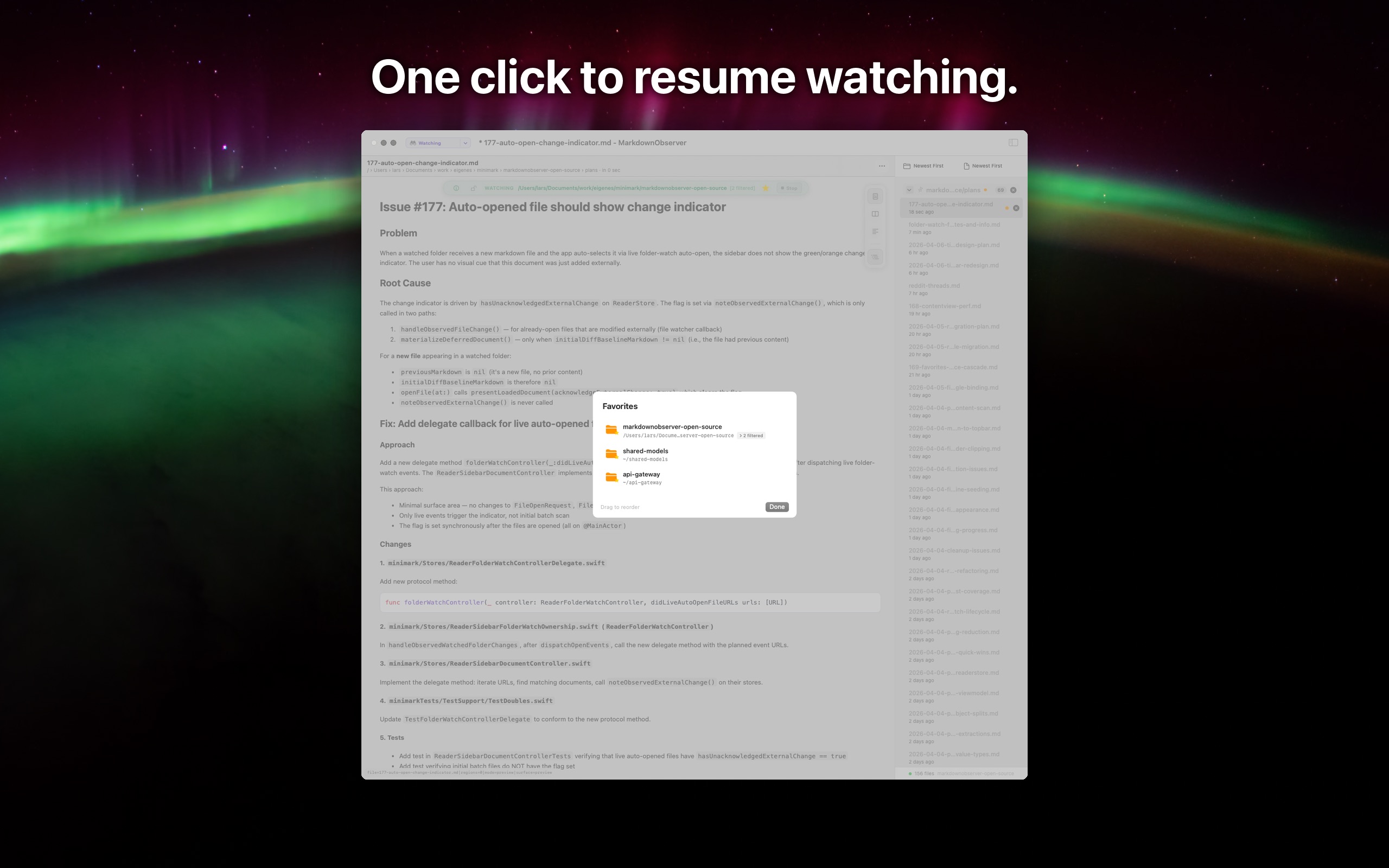MarkdownObserver favorites popover for resuming watched folders