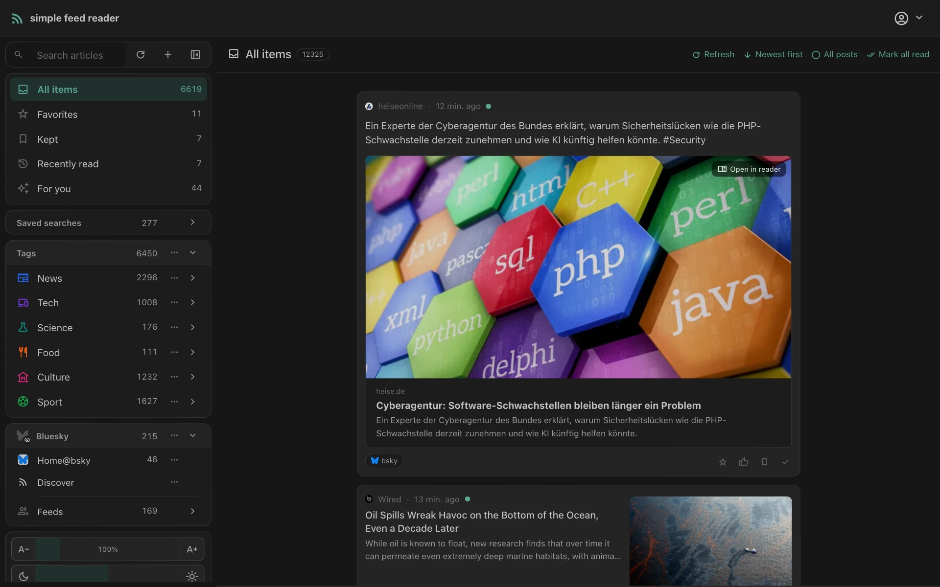 The magazine layout, dark theme