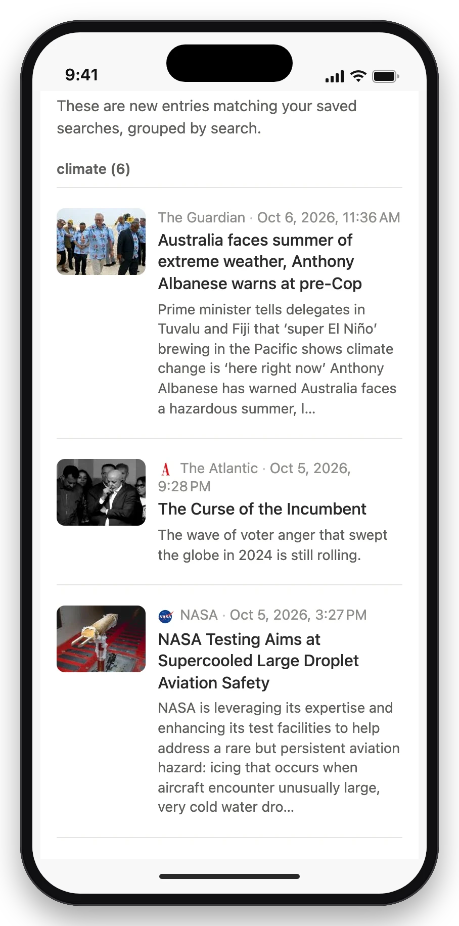 The email digest on a phone, dark theme