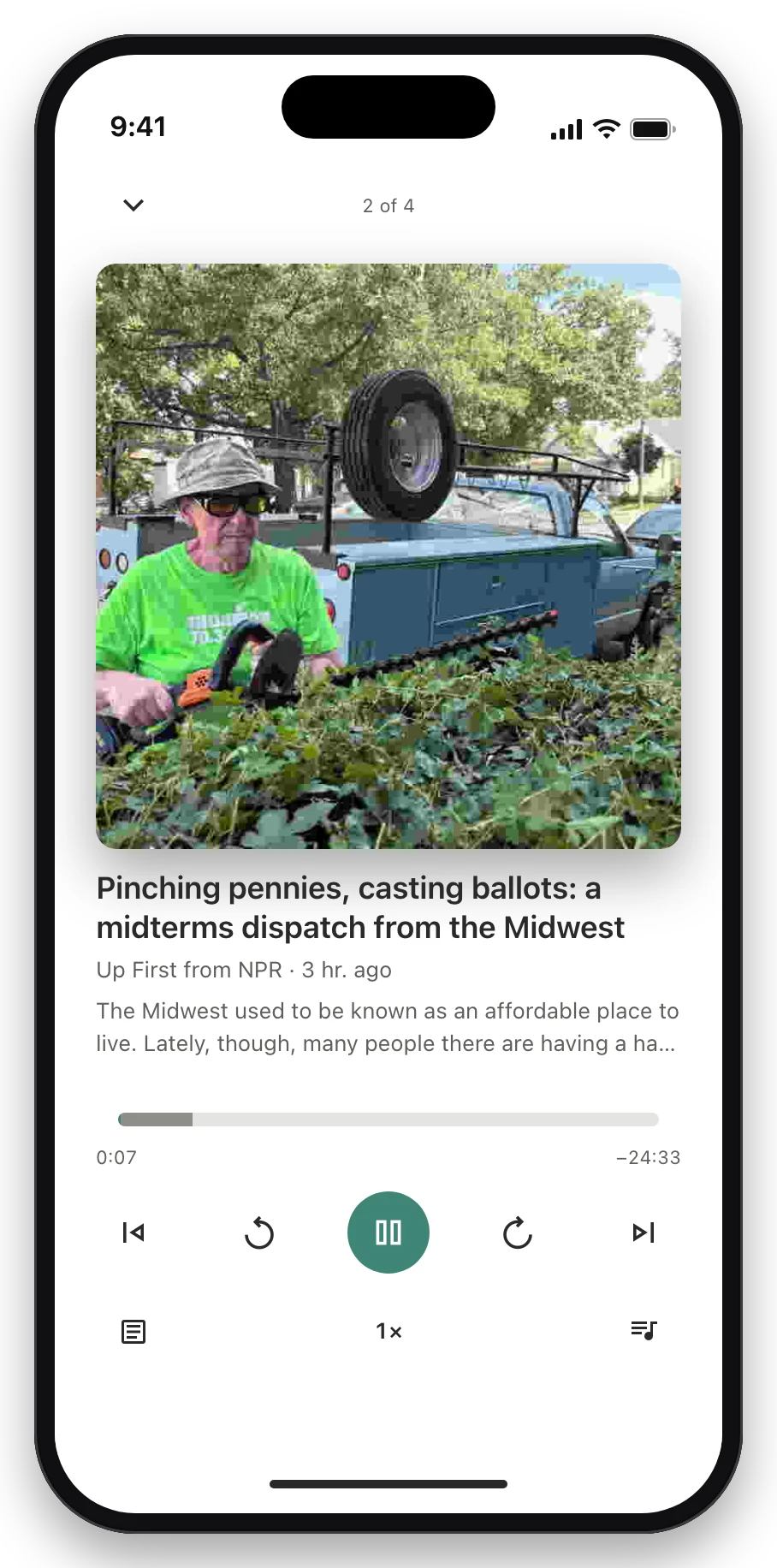 The full-size audio player on a phone