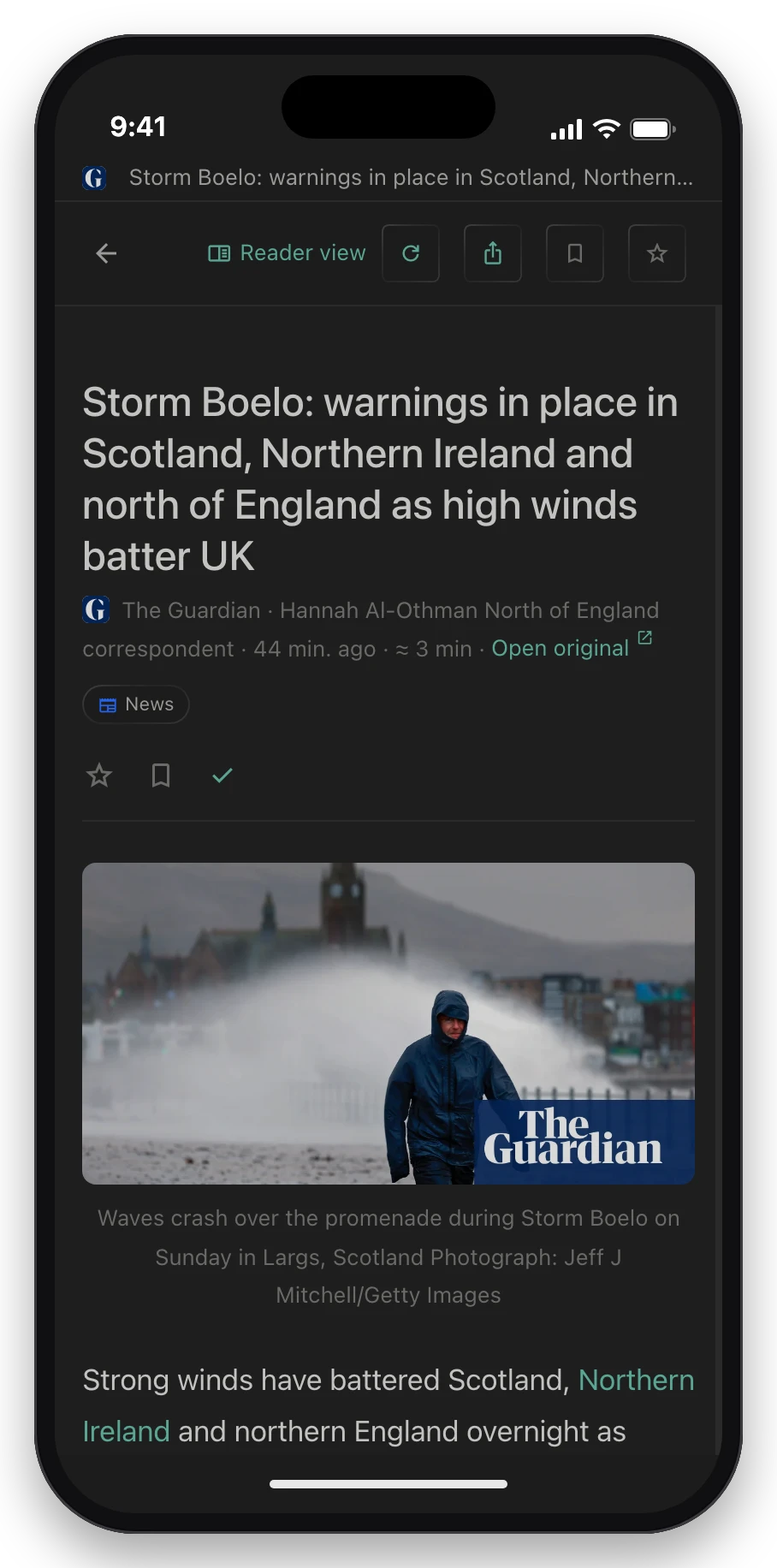 Reader view on a phone, dark theme