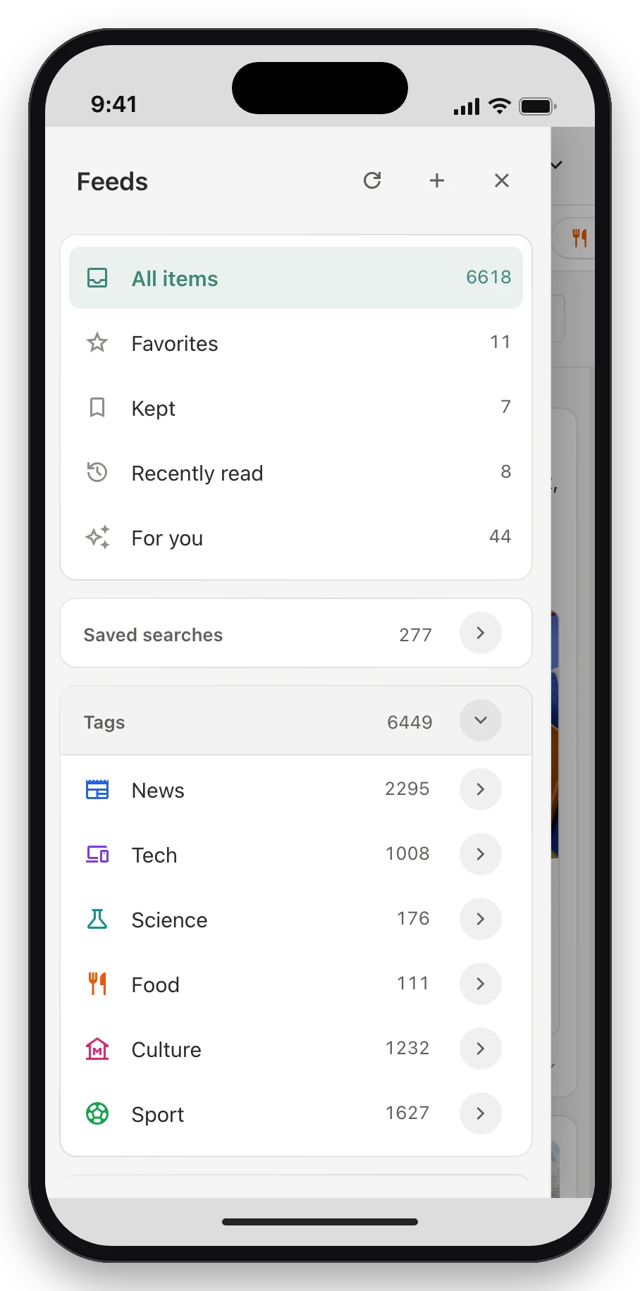 The sidebar drawer on a phone