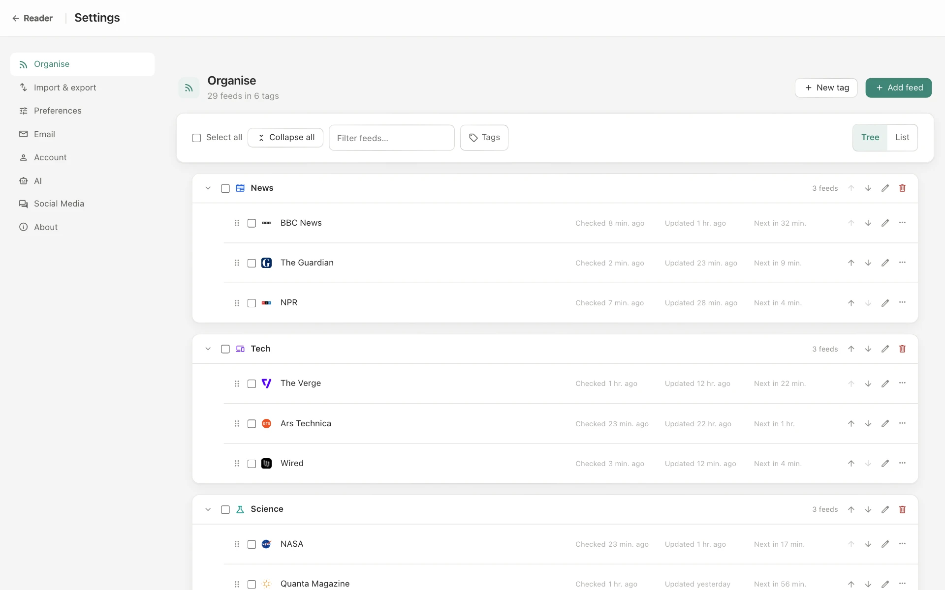 The Organise page with every feed and tag
