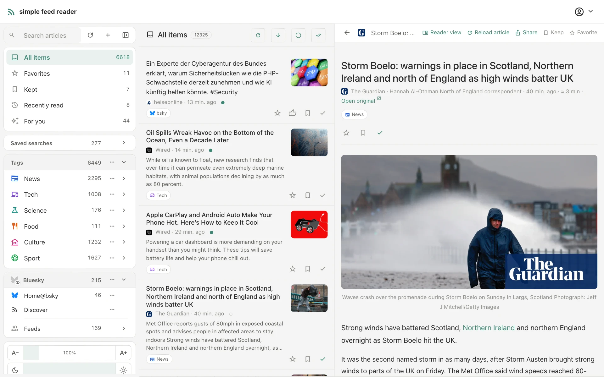 Two-pane view with the reader pane